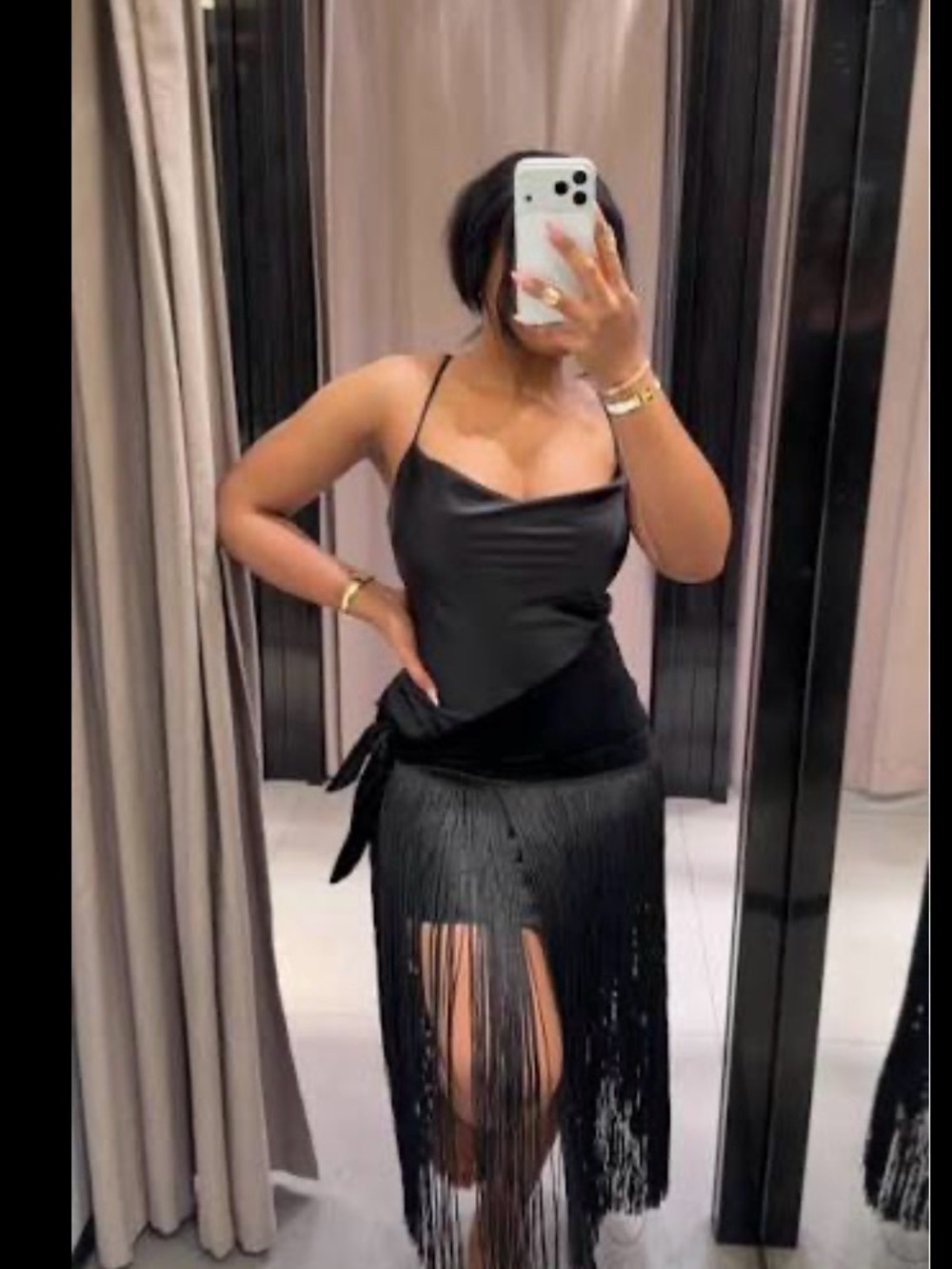 🔥🔥Zara Black Satin Cowl Neck Spaghetti Strap Fringe dress
